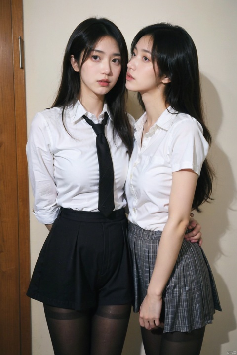  2girls,2_girls,yuri,girl's_love,yuri (dirty pair) (cosplay),black pantyhose, Detail, takei film,more details, necktie