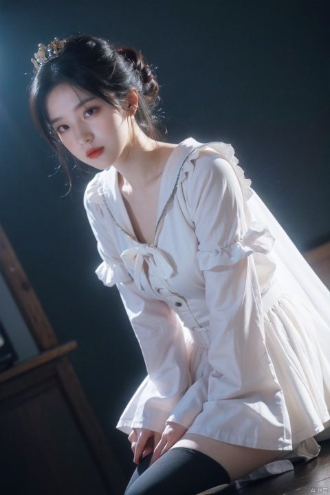  best quality,masterpiece,ultra high res,looking at viewer,studio,side light,makeup portrait,black eyeshadow,
, half updo, sexy black nightgown, bedroom scene, soft lighting, sensual atmosphere, peaceful ambiance, professional photography, perfect composition., 1girl, sara style, yosshi film, liuyifei, Detail, chang, CyberpunkAI, Girl, Geometric design style, dancing diva, Dark Style, sd mai, myinv, dress, detached sleeves, thighhighs, tm, sailor senshi uniform, killer, gold armor,school uniform, hy, jy, lowangle, light rays,4k,intricate detail,wallpaper,absurdres,high resolution,ultra colorful art, ,depth of field,ray tracing,spectacular, old Renaissance age amusement,grand Circus,flying random animals,dancing crowns,Frame,Magical Fantasy style