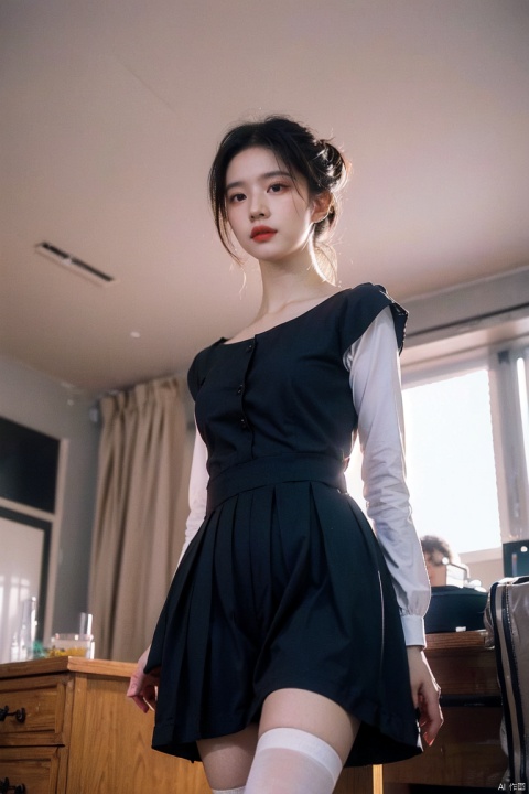  best quality,masterpiece,ultra high res,looking at viewer,studio,side light,makeup portrait,black eyeshadow,
, half updo, sexy black nightgown, bedroom scene, soft lighting, sensual atmosphere, peaceful ambiance, professional photography, perfect composition., 1girl, sara style, yosshi film, liuyifei, Detail, chang, CyberpunkAI, Girl, Geometric design style, dancing diva, Dark Style, sd mai, myinv, dress, detached sleeves, thighhighs, tm, sailor senshi uniform, killer, gold armor,school uniform, hy, jy, lowangle, light rays,from below