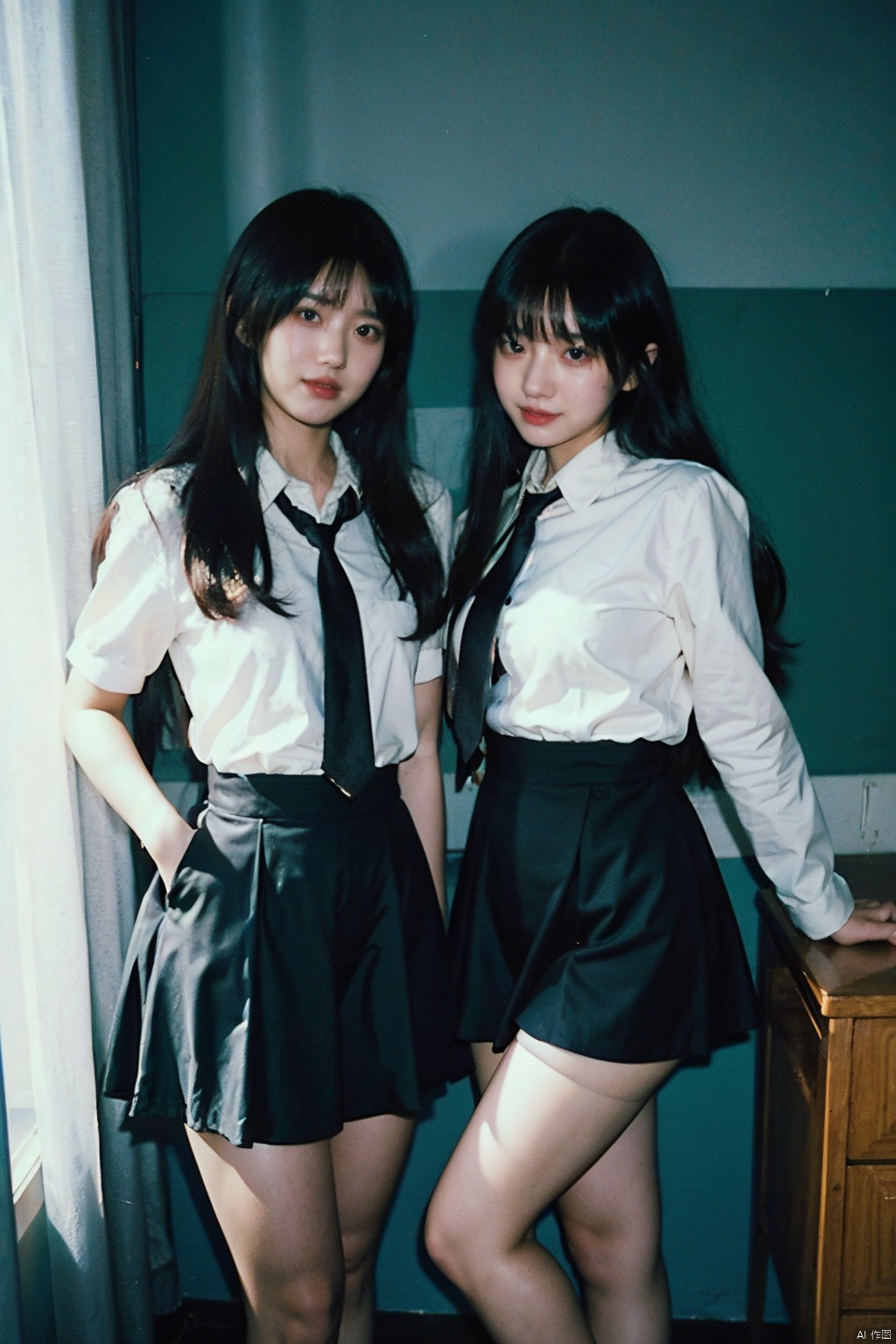  2girls,2_girls,yuri,girl's_love,yuri (dirty pair) (cosplay),black pantyhose, Detail, necktie,8k, Detail, (\fan hua\),moyou,more details,happiness,classrooms, yosshi film