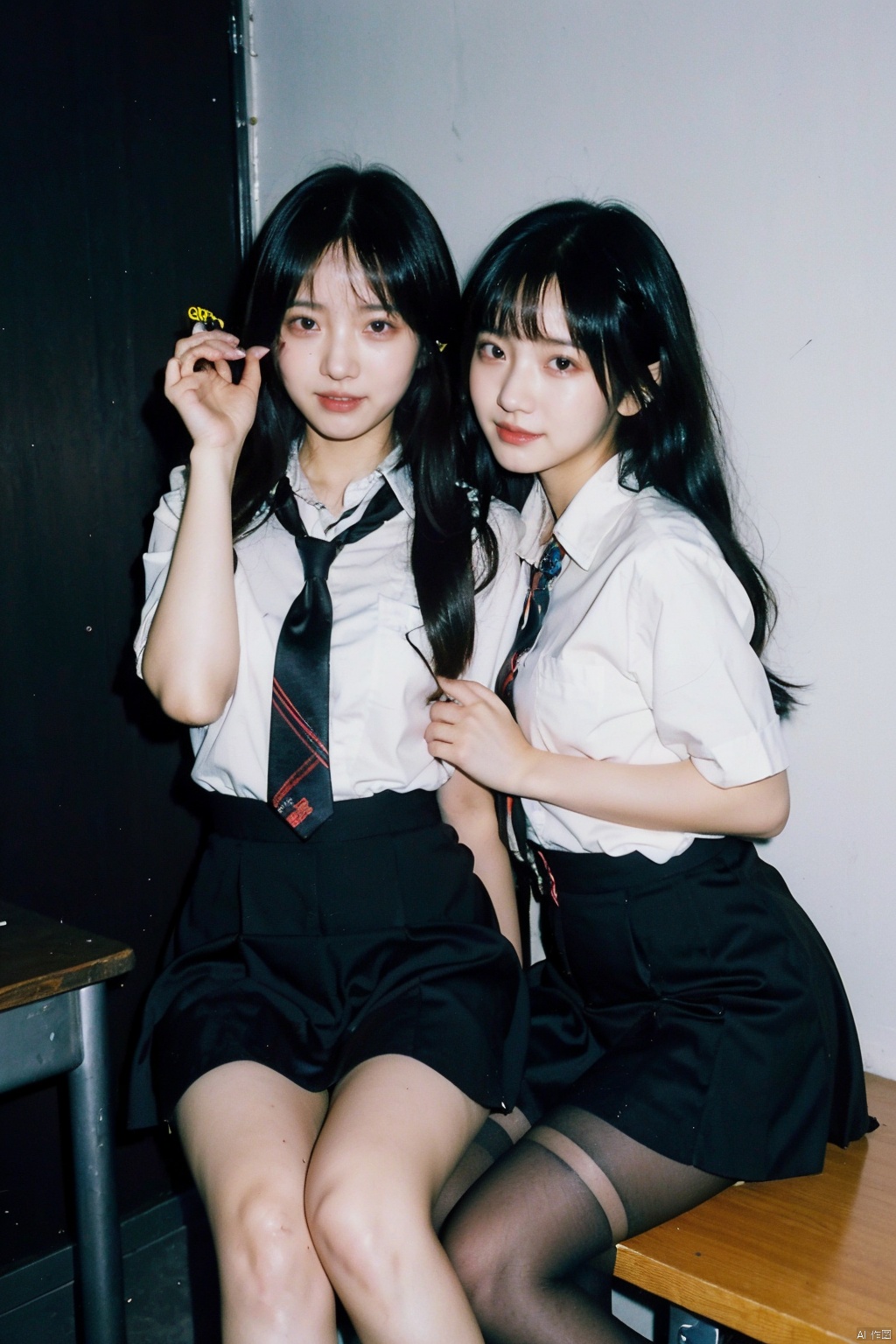 2girls,2_girls,yuri,girl's_love,yuri (dirty pair) (cosplay),black pantyhose, Detail, necktie,8k, Detail, (\fan hua\),moyou,more details,happiness,classrooms
