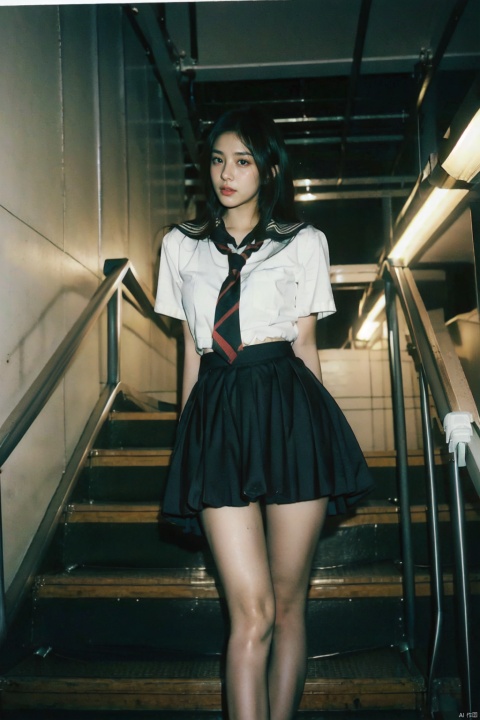  best quality, masterpiece, (photorealistic:1.4), 1girl,school uniform,pleated skirt,((panty shot,skirt lift,showing panties)),from under,dramatic lighting, realistic skin,large breast,((peeking,peeping photo,escalator)),highly detailed background,public indecency,leaning forward,1 girl, yosshi film