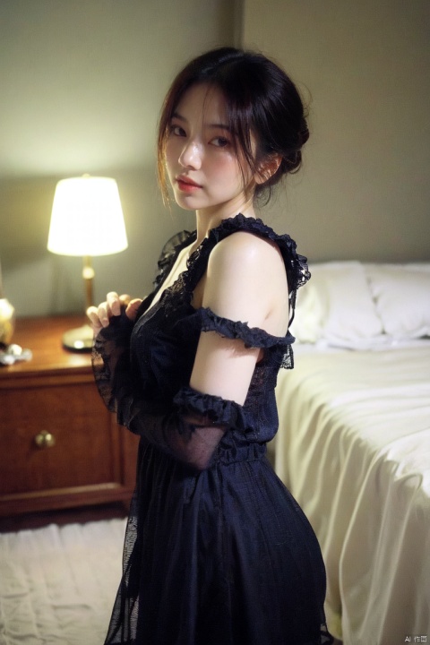  best quality,masterpiece,ultra high res,looking at viewer,studio,side light,makeup portrait,black eyeshadow,
, half updo, sexy black nightgown, bedroom scene, soft lighting, sensual atmosphere, peaceful ambiance, professional photography, perfect composition., 1girl, sara style, yosshi film, tutututu