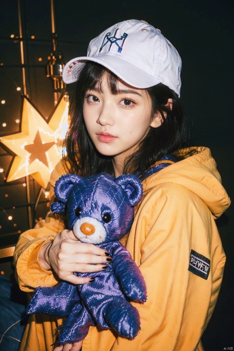  1girl, teddy bear, baseball cap, hat, solo, stuffed animal, stuffed toy, smile, long hair, hood down, jacket, hood, headphones, closed mouth, purple hair, long sleeves, fingernails, nail polish, sleeves past wrists, looking at viewer, multicolored eyes, bangs, hooded jacket, yellow nails, red jacket, multicolored nails, hair ornament, object hug, blush, red nails, white headwear, upper body, purple eyes, claw pose, heart, black headwear, hand up, bow, hoodie, hairclip, nail art, button badge, very long hair, hair between eyes, orange nails, puffy long sleeves, puffy sleeves, black bow, badge, holding, drawstring, red eyes, pink nails, star (symbol), multicolored hair, blue nails, holding stuffed toy, lightning bolt symbol, colorful, looking to the side, takei film, Detail