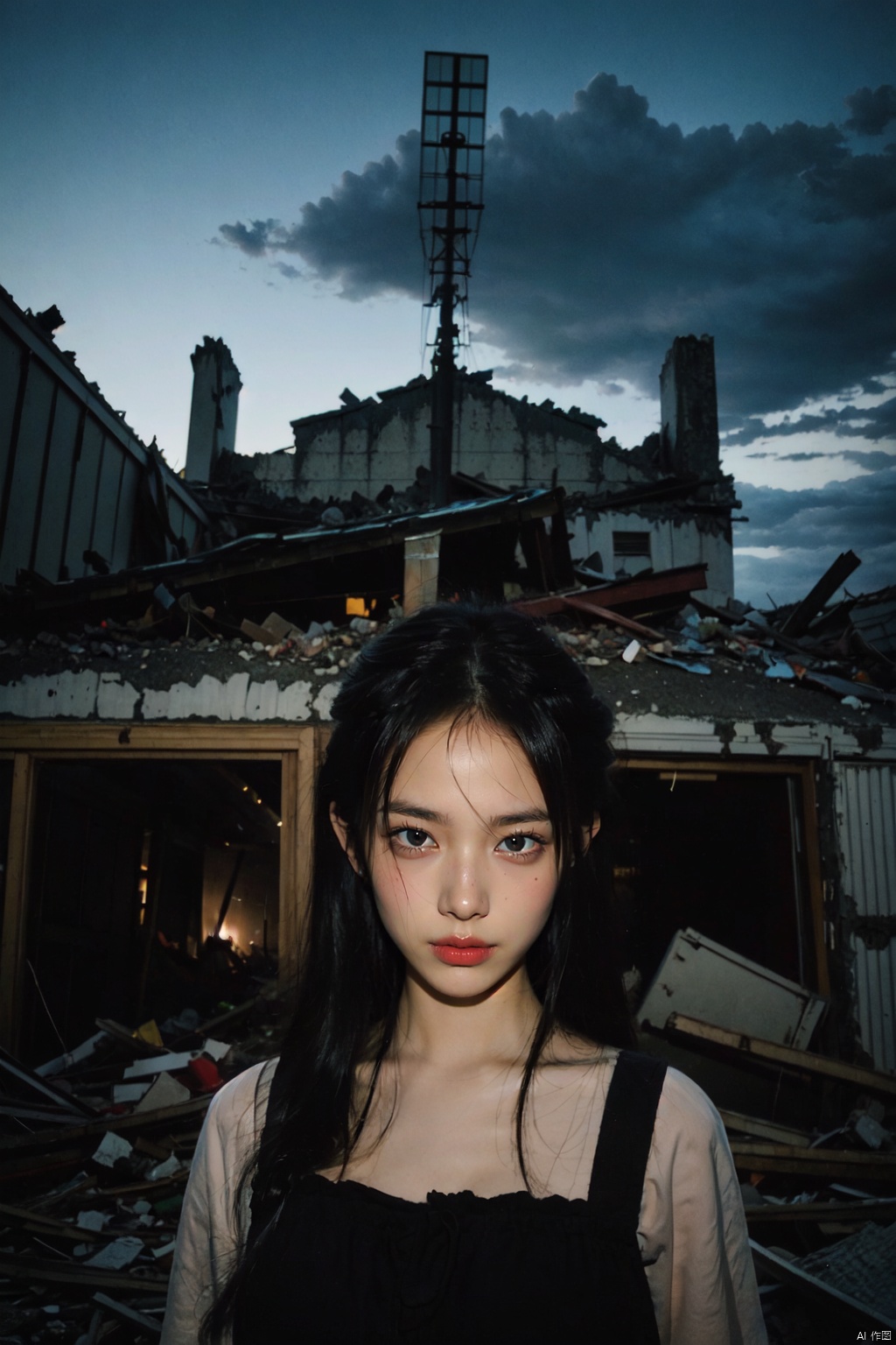  Gloomy image,1 girl robot,Metal body,Gloomy atmosphere,Red luminous eyes,Destroyed building,Gloomy sky,cruelty, Detail