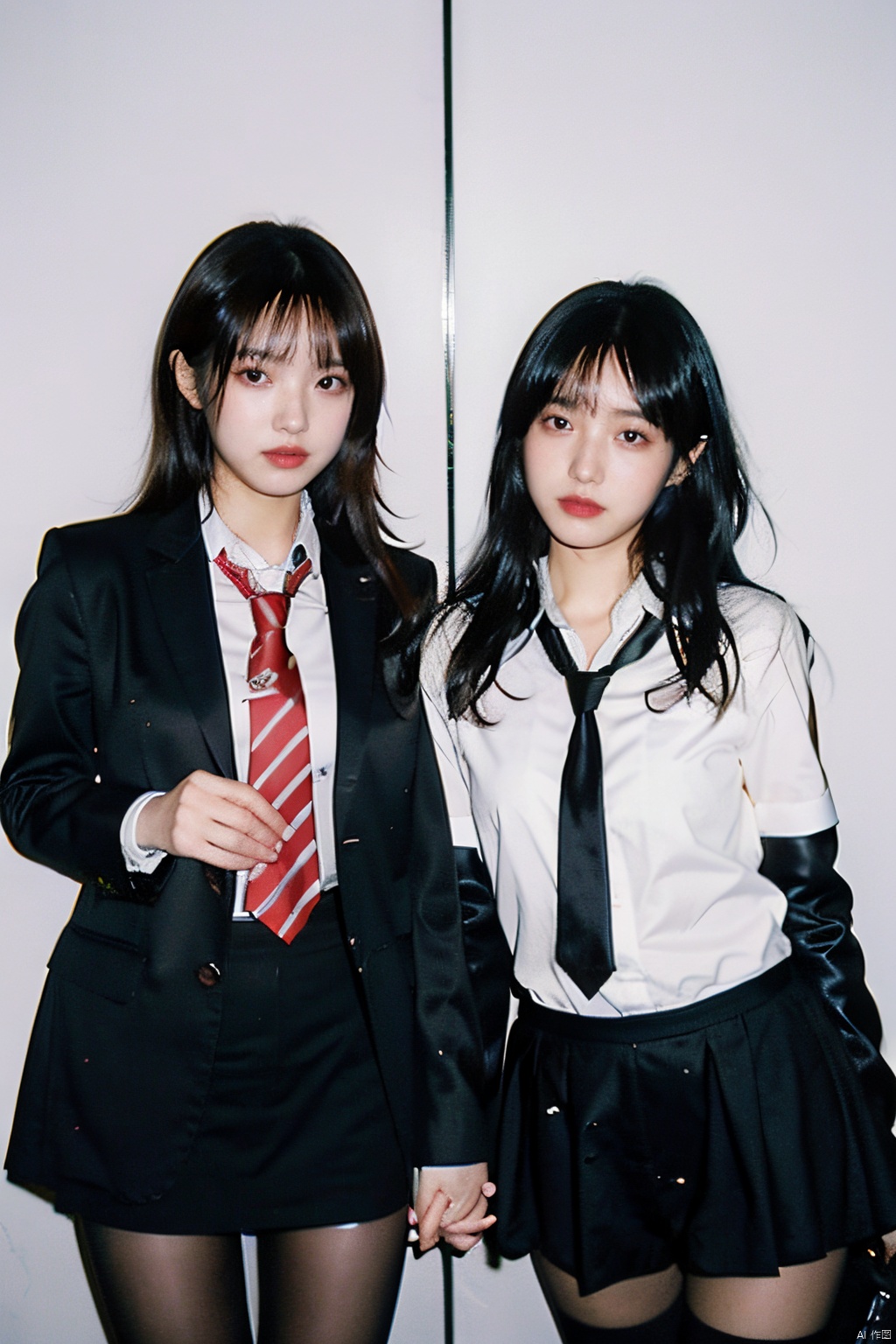 2girls,2_girls,yuri,girl's_love,yuri (dirty pair) (cosplay),black pantyhose, Detail, necktie,8k, Detail, (\fan hua\),moyou