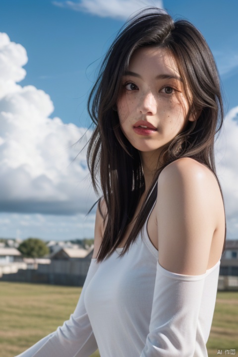 1girl, solo, long hair, looking at viewer, black hair, bare shoulders, brown eyes, upper body, outdoors, parted lips, detached sleeves, sky, cloud, lips, cloudy sky, messy hair, freckles, realistic