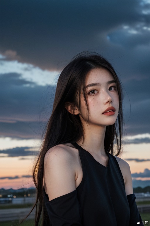 1girl, solo, long hair, looking at viewer, black hair, bare shoulders, brown eyes, upper body, outdoors, parted lips, detached sleeves, sky, cloud, lips, cloudy sky, messy hair, freckles, realistic,moyou