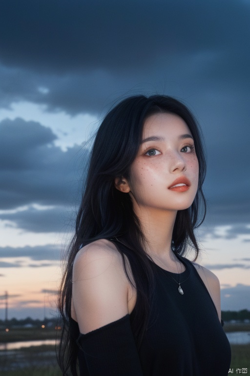 1girl, solo, long hair, looking at viewer, black hair, bare shoulders, brown eyes, upper body, outdoors, parted lips, detached sleeves, sky, cloud, lips, cloudy sky, messy hair, freckles, realistic,moyou