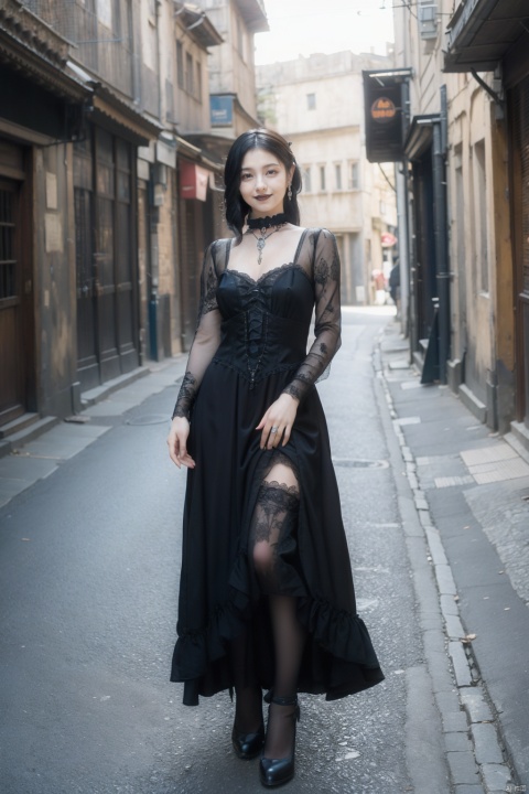  1800'S thick Girl, her hair is Gypsy, Atari 2600 Style jewelry,side_tail,((Ancient city background)),(full_body),(((gothic traditional dress))),long legs,smile,