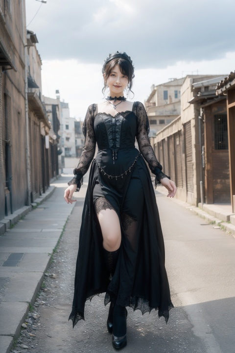  1800'S thick Girl, her hair is Gypsy, Atari 2600 Style jewelry,side_tail,((Ancient city background)),(full_body),(((gothic traditional dress))),long legs,smile,