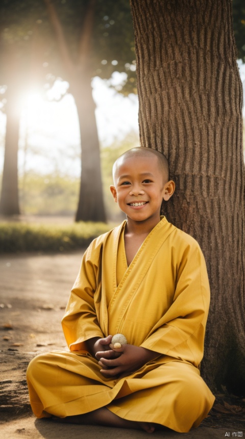 A three-year-old monk sits under an ancient Bodhi tree, in a yellow-brown robe, holding a small pebble in his hand, smiling, facing the camera, close-up, a ray of morning sun shooting down from his head, five fingers, and his hands are folded