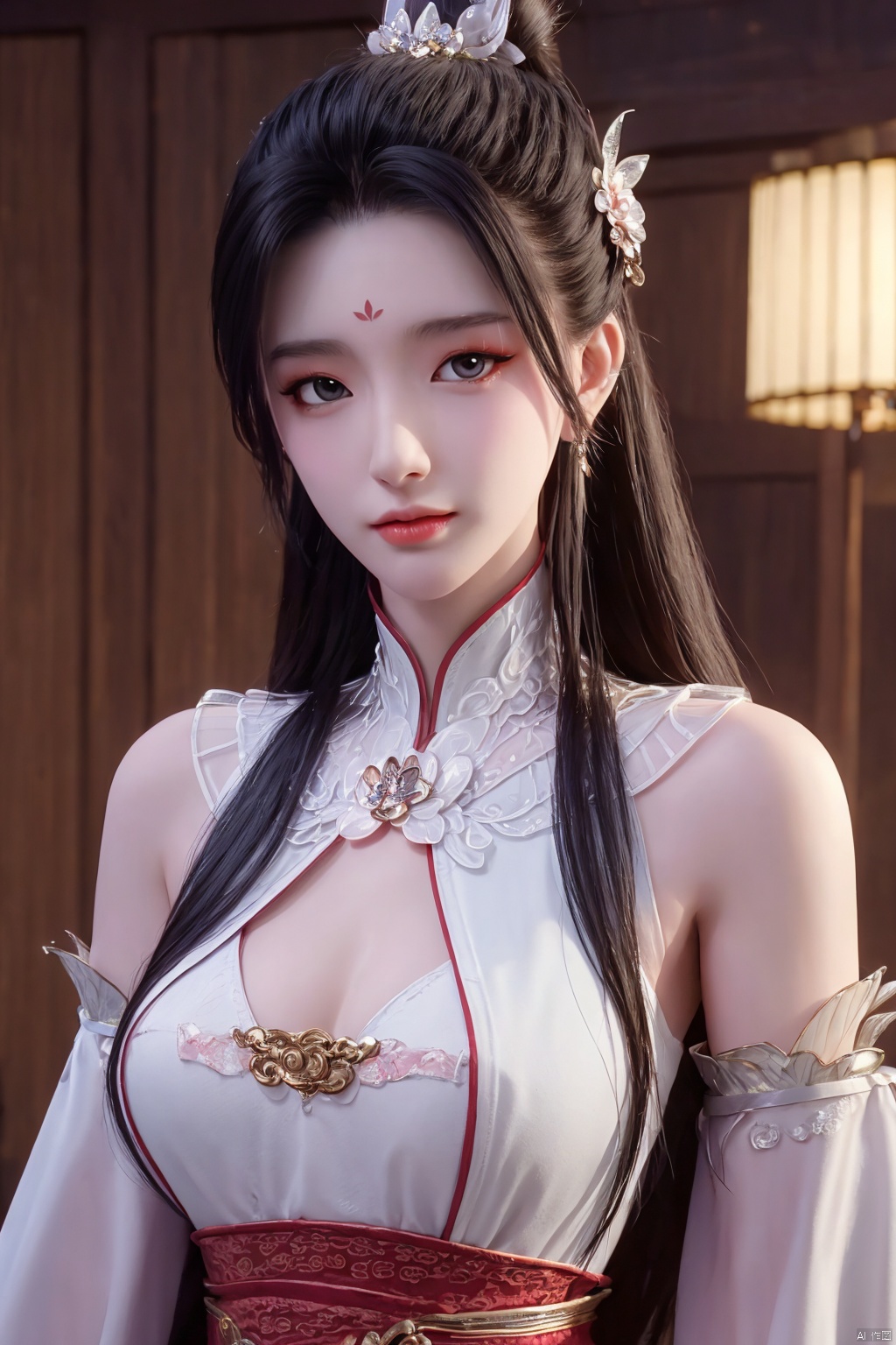 Xbaihehuai,masterpiece,(best quality),official art, extremely detailed cg 8k wallpaper,((crystalstexture skin)), (extremely delicate and beautiful),highly detailed,1girl,solo,long hair,headwear,,(black hair),(closed mouth),(standing),(chinese clothing),dress,Headwear, jewelry,,looking at the audience,Facing the camera,indoor,Street, Sunny,(whole body),looking_at_viewer, (big breasts), upper body,Xbaihehuai