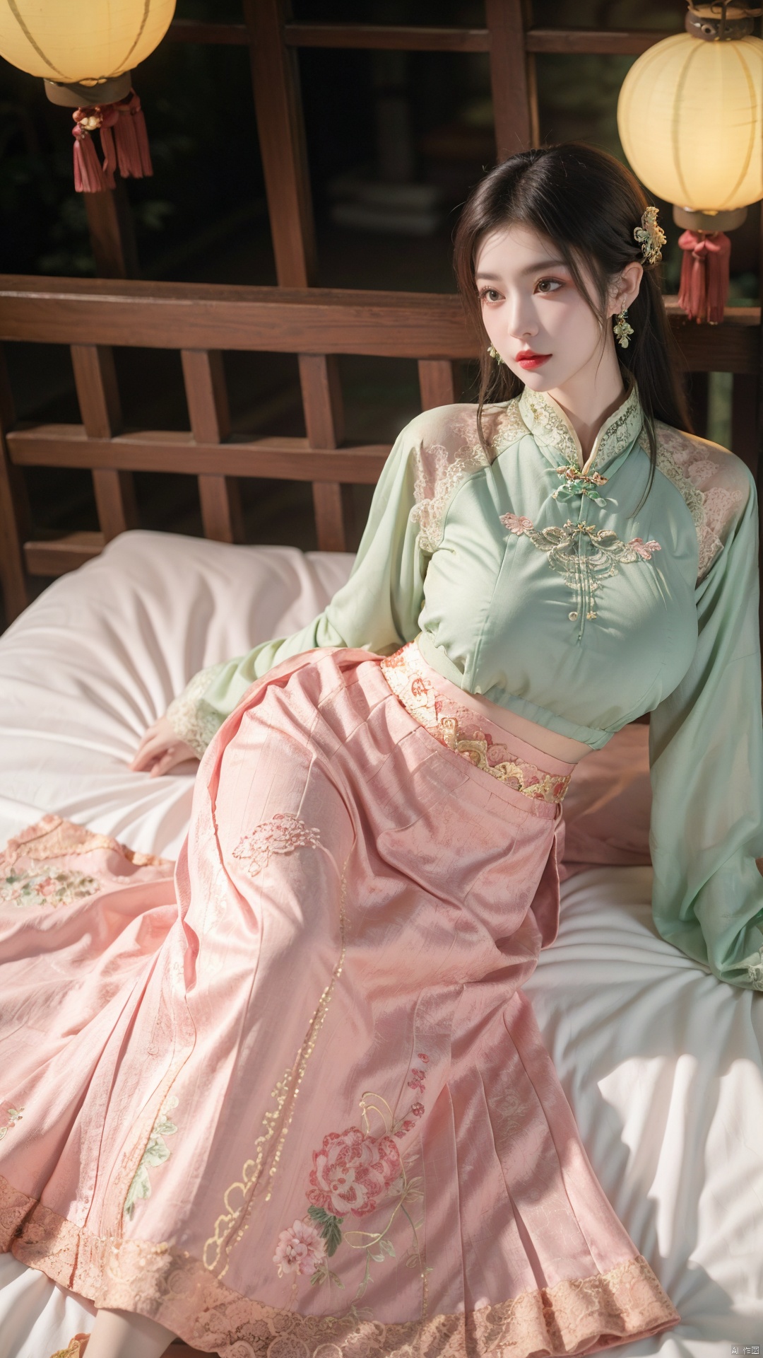  1girl, (Lace pink|green skirt:1.45), on Stomach, lying down, bed,aqua_earrings,Lights, lanterns, chang,(big breasts:1.53),hanfu, (antique cheongsam), (Chinese round fans), ll-hd, shidudou,(midi skirt:1.1), QIPAO, taoist robe, hy, han style