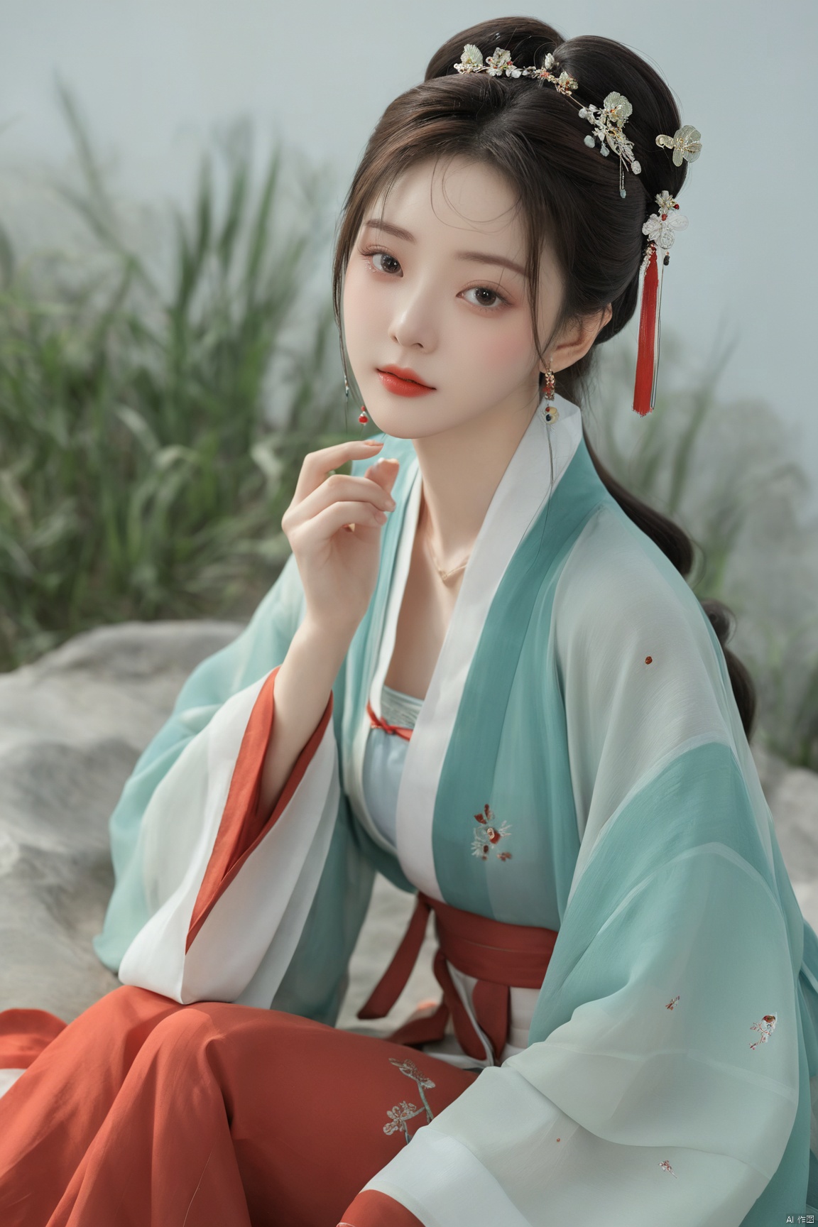  (masterpiece, top quality, best quality, official art, beautiful and aesthetic:1.2),gf-hd, 1girl, solo, hair ornament, jewelry,hanfu dress, red dress, earrings, chinese clothes, brown hair, ribbon, hanfu, red ribbon, shawl, song_hanfu,(big breasts:1.89), ,(full breasts:1.89),monkren, tang_hanfu, weijin_hanfu