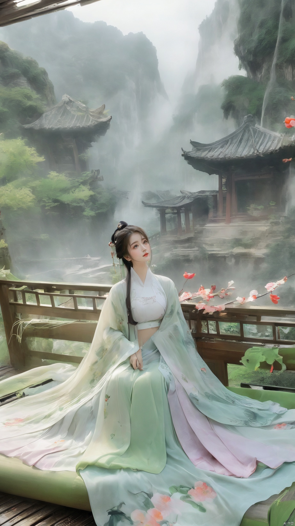  ((1girl)),solo,lying on back on bamboo mat bed in garden,paper fan,thin hanfu,foggy,(curtain),(bamboo forest),(huge breasts:1.88),(Spread your legs and expose your vagina:1.55),tiles roof,light green and white,off shoulders,chinese painting,gongbi style,water_color,(grapevineman:1.4),(huge breasts:2),(trees, artificial mountain, green lotus leaves,light pink lotus flowers),koi,wooden windows,doors,bed,stone,trandional architecture,temple,tower,wall,chinese garden,long hair,full body,bangs,(huge breasts:2.2),(masterpiece, Extremely detailed, best quality, highres:1.2),(ultra_detailed, UHD:1.2),soft smile,huyefo,1girl,see-through,(huge breasts:2.3),,*****,bsp,daxiushan,daxiushan style,