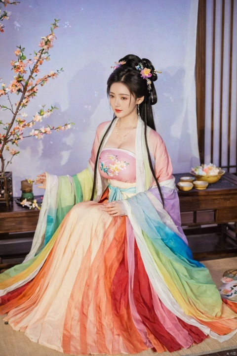  1girl, solo, long hair, black hair,Hairpins,necklace, hair ornament, dress, full body, flower, earrings, indoors, hair bun, (Seven-color rainbow gradient color dress),(Tube top Hanfu long skirt:1.1), pillow, bed, night, chinese clothes, table, branch,daxiushan, ,daxiushan style,(huge breasts:1.99), (full breasts:1.59), realistic,hanfu, daxiushan,Shoulders are exposed, , daxiushan, arien_hanfu, FilmGirl