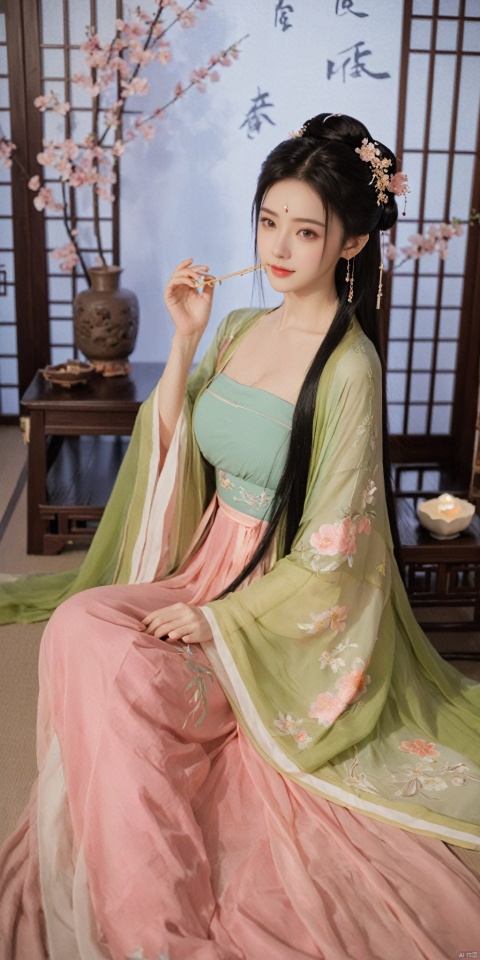  1girl, solo, long hair, black hair,Hairpins,necklace, hair ornament, dress, full body, flower, earrings, indoors, hair bun, (pink-green dress),(Tube top Hanfu long skirt:1.1), pillow, bed, night, chinese clothes, table, branch,daxiushan, ,daxiushan style,(huge breasts:1.99), (full breasts:1.59), realistic,hanfu, daxiushan,Shoulders are exposed, , daxiushan, arien_hanfu, FilmGirl