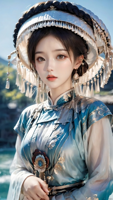  1girl,(Dynamic Pose:1.5),Chinese Yi ethnic clothing,Silver metal headwear, capelet, earrings, jewelry,A huge metal hat,Headwear metal tassels,Silver metal hat, lips, long sleeves, short hair, solo, water, wide sleeves, 1girl