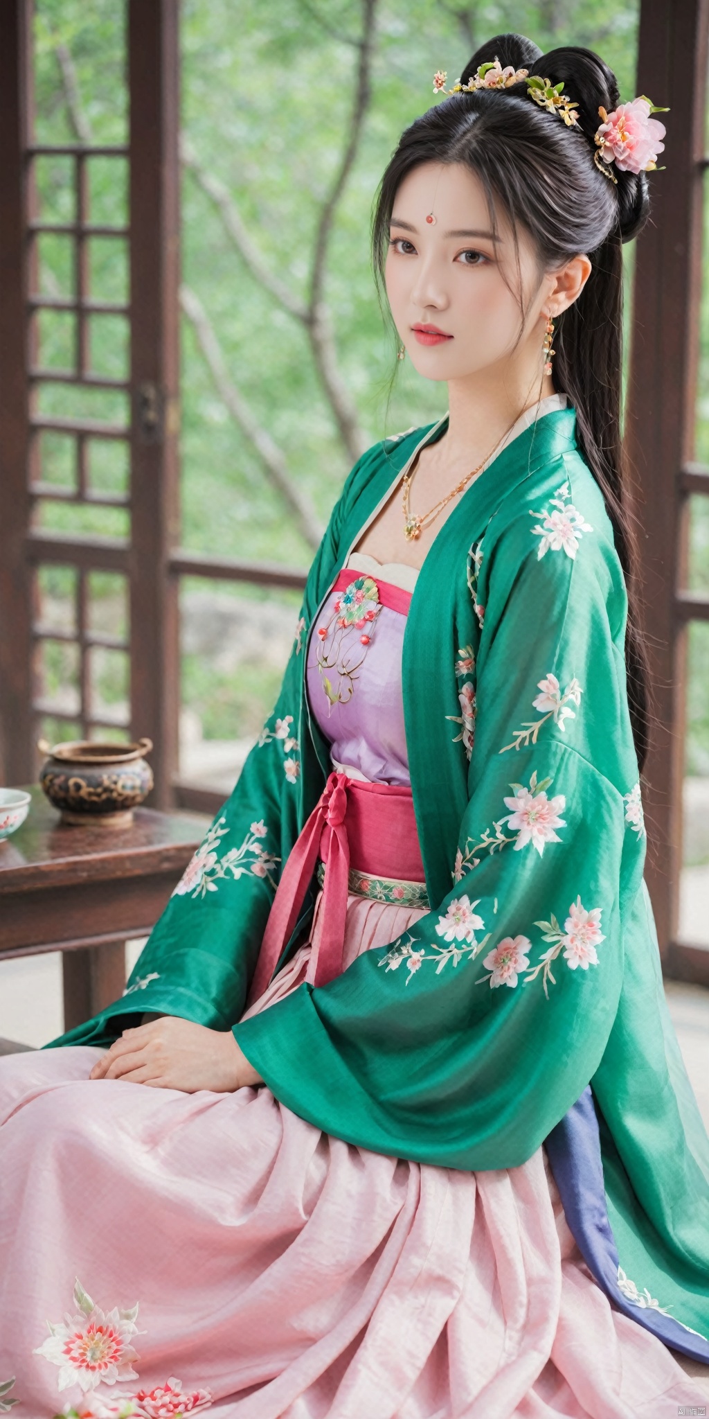  1girl, solo, long hair, black hair,Hairpins,necklace, hair ornament, dress, full body, flower, earrings, indoors, hair bun, (purple-pink-green dress),(Tube top Hanfu long skirt:1.1), pillow, bed, night, chinese clothes, table, branch,daxiushan, ,daxiushan style,(huge breasts:1.69), (full breasts:1.52), realistic,hanfu, daxiushan,Shoulders are exposed,daxiushan, arien_hanfu, FilmGirl