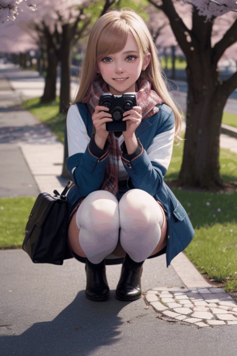 1girl, solo, long hair, looking at viewer, blush, smile, bangs, blue eyes, skirt, blonde hair, shirt, thighhighs, long sleeves, holding, closed mouth, school uniform, jacket, full body, white shirt, pleated skirt, shoes, black thighhighs, scarf, black footwear, zettai ryouiki, plaid, petals, animal, plaid skirt, squatting, blue jacket, cherry blossoms, loafers, brown skirt, rabbit, camera, blue scarf, plaid scarf, holding camera