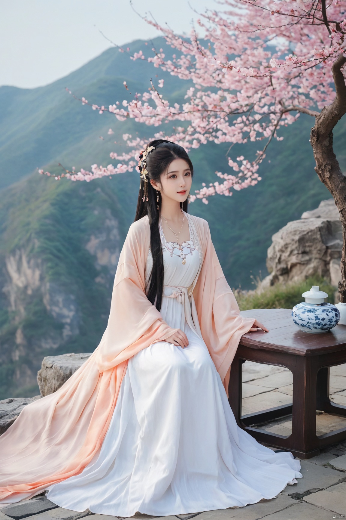  (Masterpiece:1.2), best quality, (huge and full breasts:1.99), (full breasts), necklace, Tree, Outdoor, Flower Sea, Cliff Edge, full body, daxiushan

1girl, long hair, breasts, looking at viewer, black hair, hair ornament, long sleeves, dress, indoors, wide sleeves, white dress, chinese clothes, table, realistic, hanfu, daxiushan,daxiushan style, monkren, FilmGirl