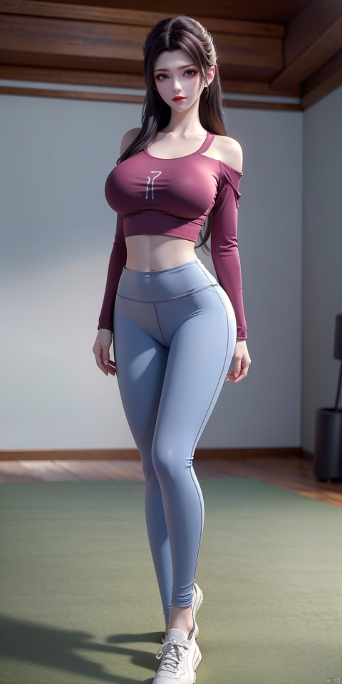  Best quality, masterpiece, 8K, long pink hair, (Viewer:1.5), 1 girls standing chest to chest, (Tight off-the-shoulder T-shirt:1.2), yoga pants, sports shoes, yoga studio, whole body, (big breasts:1.5), (taken from below:1.2).