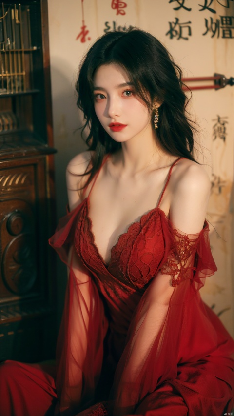 sdmai, hongchen, 1girl, solo, lace dress, purple dress, black hair, realistic, breasts, jewelry, earrings, looking at viewer, bare shoulders,(big breasts:1.79),(full breasts:1.6)