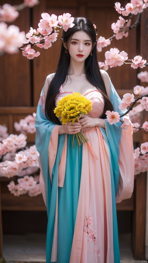  (masterpiece:1.4),(best quality:1.4),(ultra-detailed:1.2),high quality,highres,ultra high res,(RAW photo:1.2),extremely detailed,finely detail,,1girl,((long hair)),beautiful detailed eyes,full body,(duobaca),hanfu, red|blue Hanfu long skirt, (big breasts:1.69), shidudou, embroidered flower patterns, vibrantProj,(Plum blossom, peach blossom, cherry blossom, chrysanthemum:1.36)