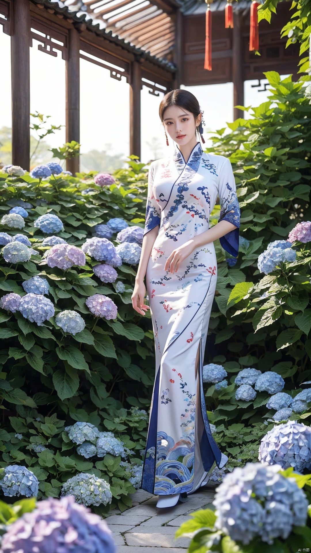  1girl,front,mottledsunlight,hydrangea flowers field,photoparticle,refracted light,light particles,sparkle,backlighting,hydrangea flower,china dress\(haihang\),lingxing, (big breasts:1.69),(Ancient Chinese architecture, Suzhou gardens, gardens full of flowers:1.3), X-Hydrangea, Oil-paper umbrella