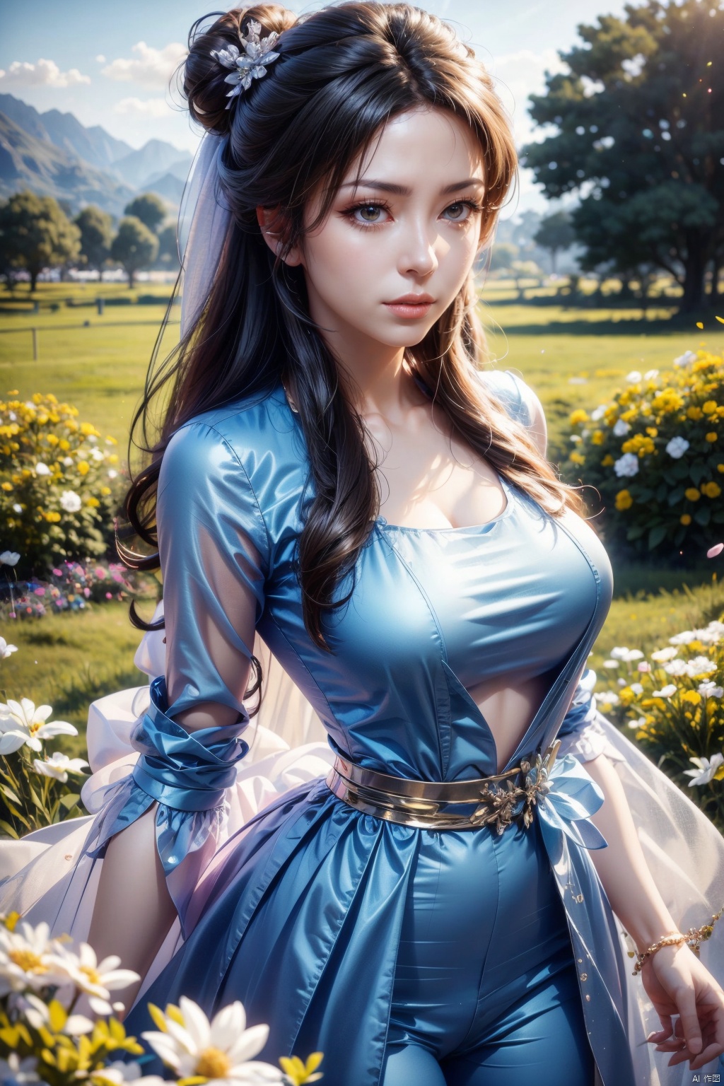  masterpiece,best quality,official art,extremely detailed CG unity 8k wallpaper,realistic,light rays,light particles,1girl,solo,realistic,looking_at_viewer,lips,black_hair,long_hair,medium breasts,hair_bun,hair_ornament,brown_eyes,SunLight,Flowers,Outdoors,Hair Ornaments,White Flowers,Vast Open Field,dynamic pose,looking at viewer,standing, NaGongWan, Nakagawa_Kokoro, Hashimoto_Kanna