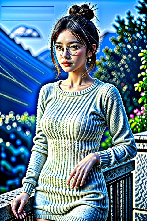  girl,solo,round and erect breasts,standing,available light,hydrated skin,veiny breasts,(bespectacled:1.2),(ancient style bun:1.3),HDR,UHD,8K,best quality,absurdres,realistic,masterpiece,Highly detailed,sharp focus,available light,cinematic_lighting,(landscape:1.3),thighs,(cowboy_shot:1.2),Cinematic Lighting,hair clasp,long black curly hair,
best quality,ultra-fine painting,Professional,extreme detail description,(sweater_dress:1.4),