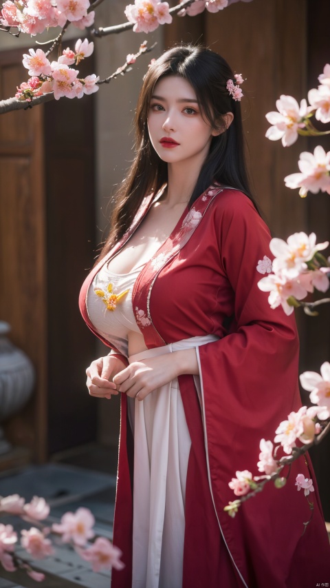  (masterpiece:1.4),(best quality:1.4),(ultra-detailed:1.2),high quality,highres,ultra high res,(RAW photo:1.2),extremely detailed,finely detail,,1girl,((long hair)),beautiful detailed eyes,full body,(duobaca),hanfu, red|blue Hanfu long skirt, (big breasts:1.69), shidudou, embroidered flower patterns, vibrantProj,(Plum blossom, peach blossom, cherry blossom, chrysanthemum:1.36)