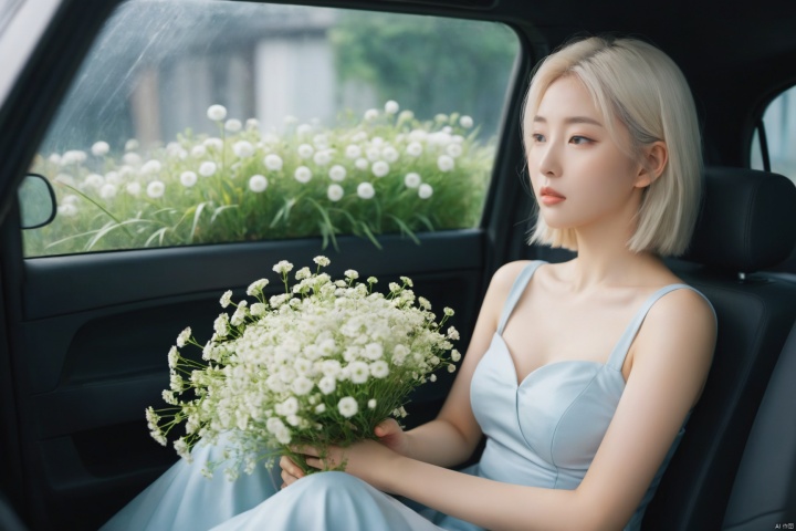  breathtaking ethereal fantasy concept art of cinematic film still,chinese girl,a girl with white hair sitting in car filled with flowers,(big breasta:1.49), art by Rinko Kawauchi,in the style of naturalistic poses,vacation dadcore,youth fulenergy,a cool expression,body extensions,flowersin the sky,****og film,super detail,dreamy lofi photography,colourful,covered in flowers andvines,Inside view,shot on fujifilm XT4 . shallow depth of field,vignette,highly detailed,high budget,bokeh,cinemascope,moody,epic,gorgeous,film grain,grainy . magnificent,celestial,ethereal,painterly,epic,majestic,magical,fantasy art,cover art,dreamy,monkren, . award-winning, professional, highly detailed, light master, monkren, sunlight