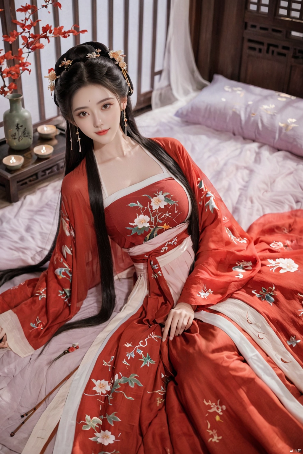  1girl, solo, long hair, black hair,Hairpins,necklace, hair ornament, dress, full body, flower, earrings, indoors, hair bun, (red dress),(Tube top Hanfu long skirt:1.1), pillow, bed, night, chinese clothes, table, branch,daxiushan, ,daxiushan style,(huge breasts:1.99), (full breasts:1.59), realistic,hanfu, daxiushan,Shoulders are exposed, , daxiushan, arien_hanfu, FilmGirl