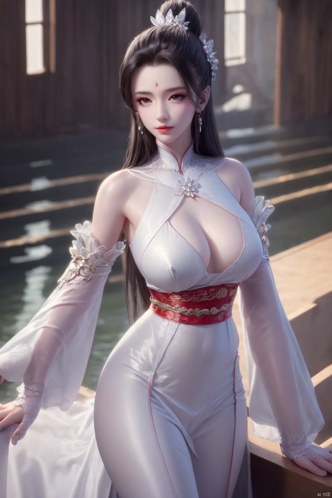 Xbaihehuai,masterpiece,(best quality),official art, extremely detailed cg 8k wallpaper,((crystalstexture skin)), (extremely delicate and beautiful),highly detailed,1girl,solo,long hair,headwear,,(black hair),(closed mouth),(standing),(chinese clothing),dress,Headwear, jewelry,,looking at the audience,Facing the camera,indoor,Street, Sunny,(whole body),looking_at_viewer, (big breasts), upper body,Xbaihehuai