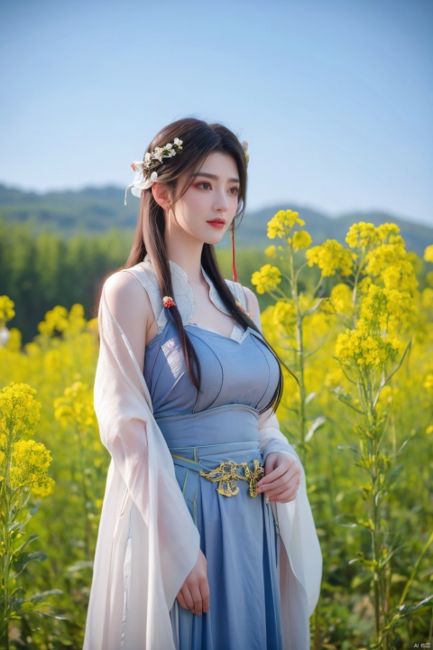  Enhanced, masterpiece, 16K, girl, Solo, Flower Field, rape flower, (\meng ze\), yue , hair ornament , hanfu,(big breasts:1.33)