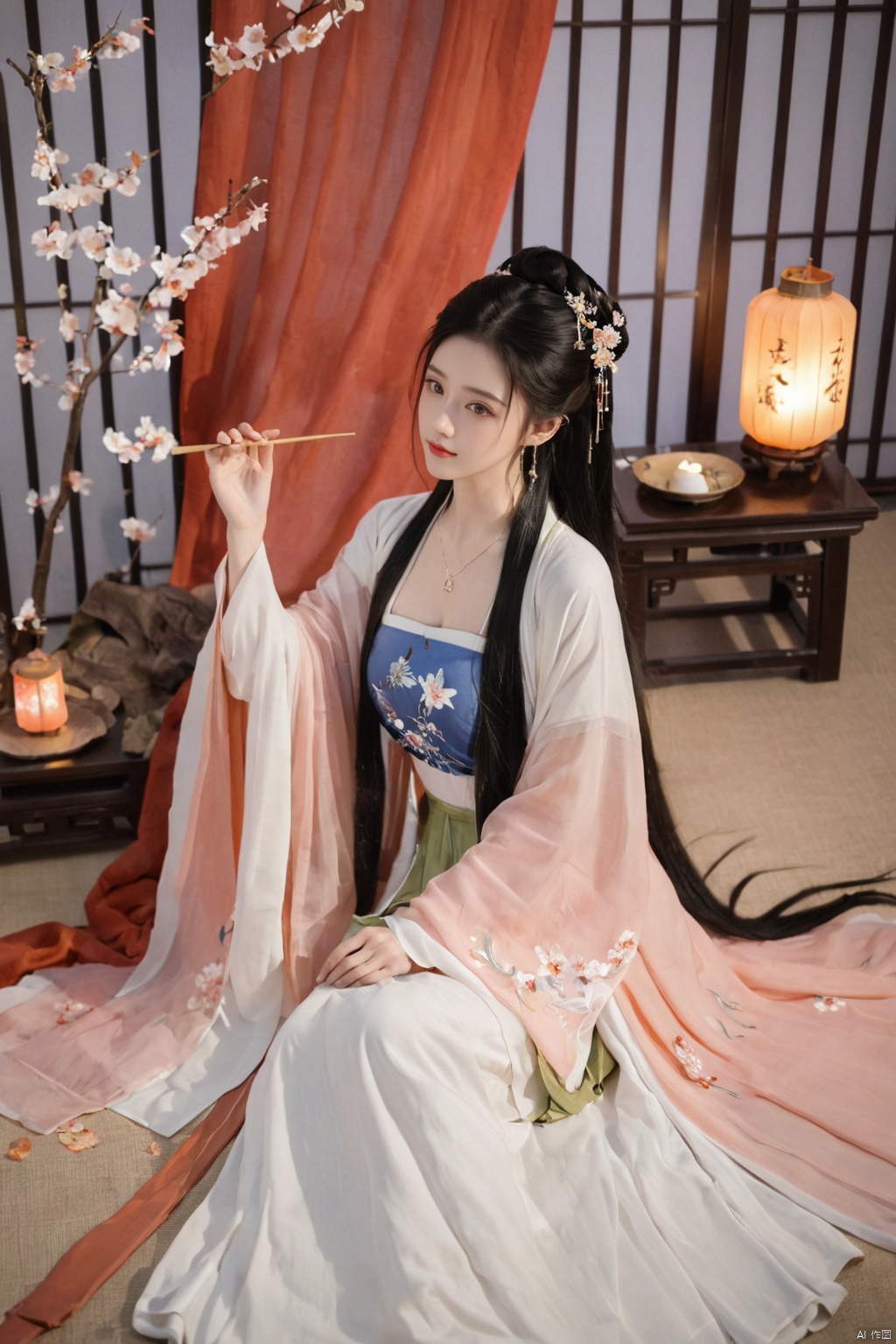  1girl, solo, long hair, black hair,Hairpins,necklace, hair ornament, dress, full body, flower, earrings, indoors, hair bun, (white dress),(Tube top Hanfu long skirt:1.1), pillow, bed, night, chinese clothes, table, branch,daxiushan, ,daxiushan style,(huge breasts:1.99), (full breasts:1.59), realistic,hanfu, daxiushan,Shoulders are exposed, , daxiushan, arien_hanfu, FilmGirl