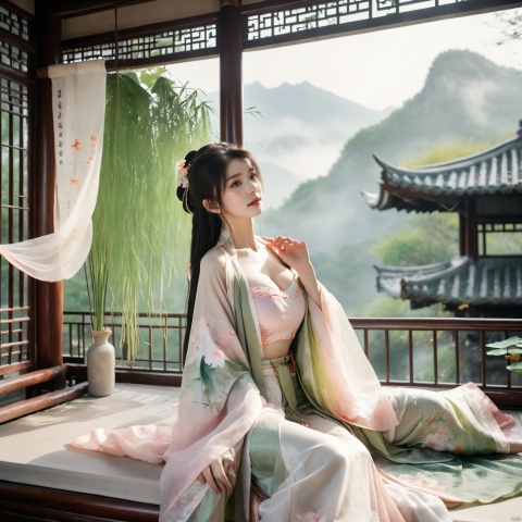  ((1girl)),solo,(huge breasts:2.1),kneel on a bamboo mat bed in garden,thin hanfu,foggy,(curtain),(bamboo forest:1.2),tiles roof,translucent silk chiffon hanfu,dudou,light green and white,off shoulders,chinese painting,gongbi style,water_color,(grapevineman:1.2),(trees, artificial mountain, green lotus leaves,light pink lotus flowers),koi,wooden windows,doors,bed,(rocky garden),trandional architecture,temple,tower,wall,chinese garden,long hair,full body,bangs,(masterpiece, Extremely detailed, best quality, highres:1.2),(ultra_detailed, UHD:1.2),soft smile,nsfw,(huge breasts:2.3), gufeng