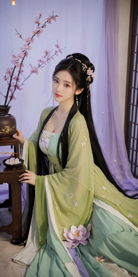  1girl, solo, long hair, black hair,Hairpins,necklace, hair ornament, dress, full body, flower, earrings, indoors, hair bun, (purple-green dress),(Tube top Hanfu long skirt:1.1), pillow, bed, night, chinese clothes, table, branch,daxiushan, ,daxiushan style,(huge breasts:1.88), (full breasts:1.59), realistic,hanfu, daxiushan,Shoulders are exposed, , daxiushan, arien_hanfu, FilmGirl