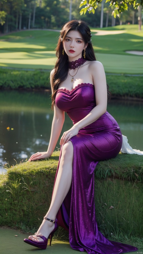  masterpiece, 1 girl, blonde long hair, jewelry, Earrings, Necklace,lace Strapless evening dress,huge filesize, (big breasta:1.3),extremely detailed, 8k wallpaper, highly detailed, best quality, yunqing, Black stockings, lace,plentiful,thick-fleshed,blue eyes, (Sitting on the grass of a golf course:1.2), (The background is a lotus pond full of lotus flowers:1.2),looking at viewer,(purple|red|green High collar lace Evening dress:1.33),Red High Heels,perfact breast, sufei, poakl ggll girl