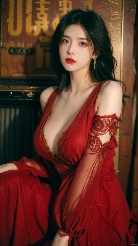  sdmai, hongchen, 1girl, solo, lace dress, purple dress, black hair, realistic, breasts, jewelry, earrings, looking at viewer, bare shoulders,(big breasts:1.79),(full breasts:1.6)