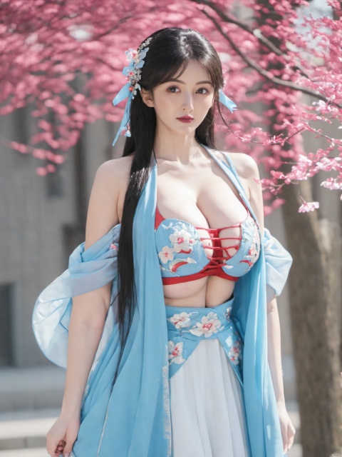  arien_hanfu,1girl, solo, flower, long hair, black hair, hair ornament, (big breasts:2),(huge breasts:2.3), hair flower, blue eyes, floral print, chinese clothes, looking at viewer, detached sleeves, full body, white flower, parted lips, dress, pink flower, china dress, bare shoulders, blush, red flower, eyelashes, white dress, lips, sleeveless, parted bangs, grey background, gongzhuqie, neon_dress,huansha, glowing,lens flare,big leaf,plant, wind, chang,(big breasts:2.5)