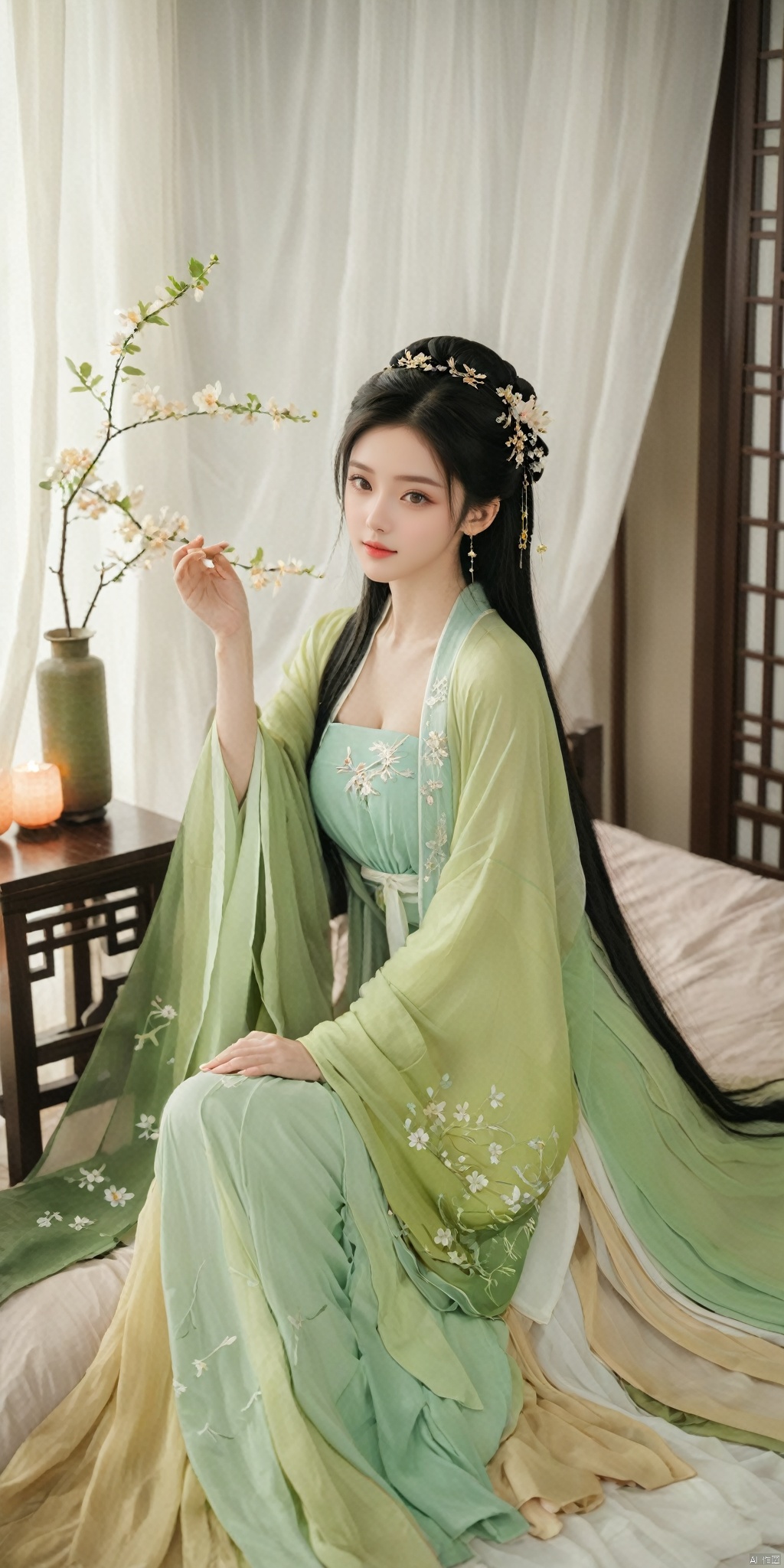  1girl, solo, long hair, black hair,Hairpins,necklace, hair ornament, dress, full body, flower, earrings, indoors, hair bun, (light green dress),(Tube top Hanfu long skirt:1.1), pillow, bed, night, chinese clothes, table, branch,daxiushan, ,daxiushan style,(huge breasts:1.99), (full breasts:1.69), realistic,hanfu, daxiushan,Shoulders are exposed, , daxiushan, arien_hanfu,