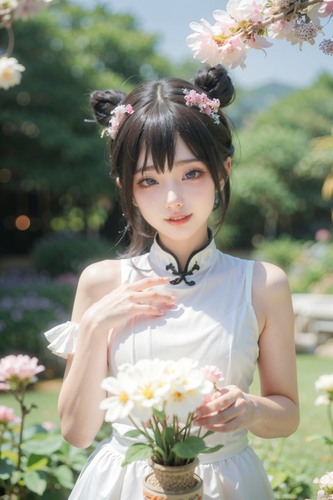  1girl breathtaking 8k, masterpiece, perfect beautiful chinese girl, upper body, vibrant, vivid, (flowers), chiffon, sheer, light smile, bloom, award-winning, professional, Among colorful flowers garden, houtufeng, lhj, bright light, flower, blurry, pink flower, still life, cherry blossoms, sboe, Anime