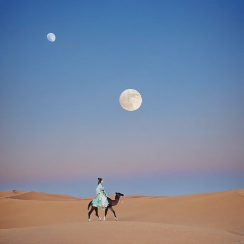 desert_sky,outdoors,sky,moon,scenery,desert,wide shot,animal, landscape, tang_hanfu, FANTASY