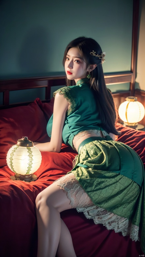  1girl, (Lace red|blue|green skirt:1.45), on Stomach, lying down, bed,aqua_earrings,Lights, lanterns, chang,(big breasts:1.49),hanfu, antique cheongsam, Chinese round fans,