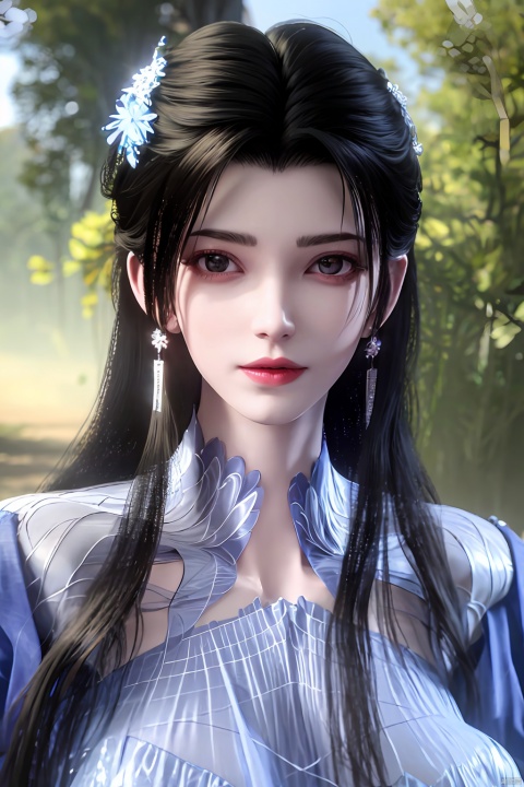  best quality,masterpiece,Xlimuwan,1girl,solo,very long hair,looking at viewer,jewelry,closed mouth,purple eyes,upper body,purple hair,earrings,blurry,blurry background,sunlight,red lips,(big breasts:1.2),X-Yunxiao,X-Hydrangea,