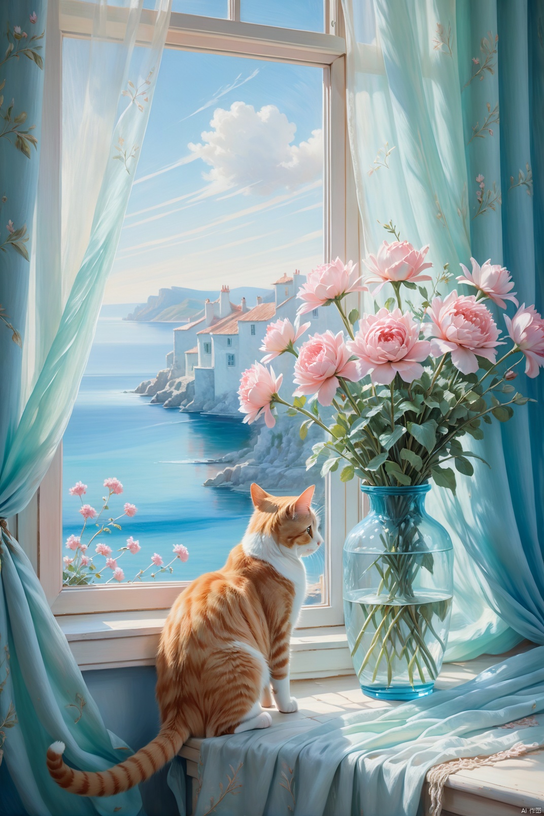  a cat looking at a bouquet, near by the window with the curtains, coastal landscape outside the window, oil painting, plein air painting, dreamy azure, light blue and dreamy pink, dreamy ice mint, natural light, high quality, high detail, super clarity, transcendent work