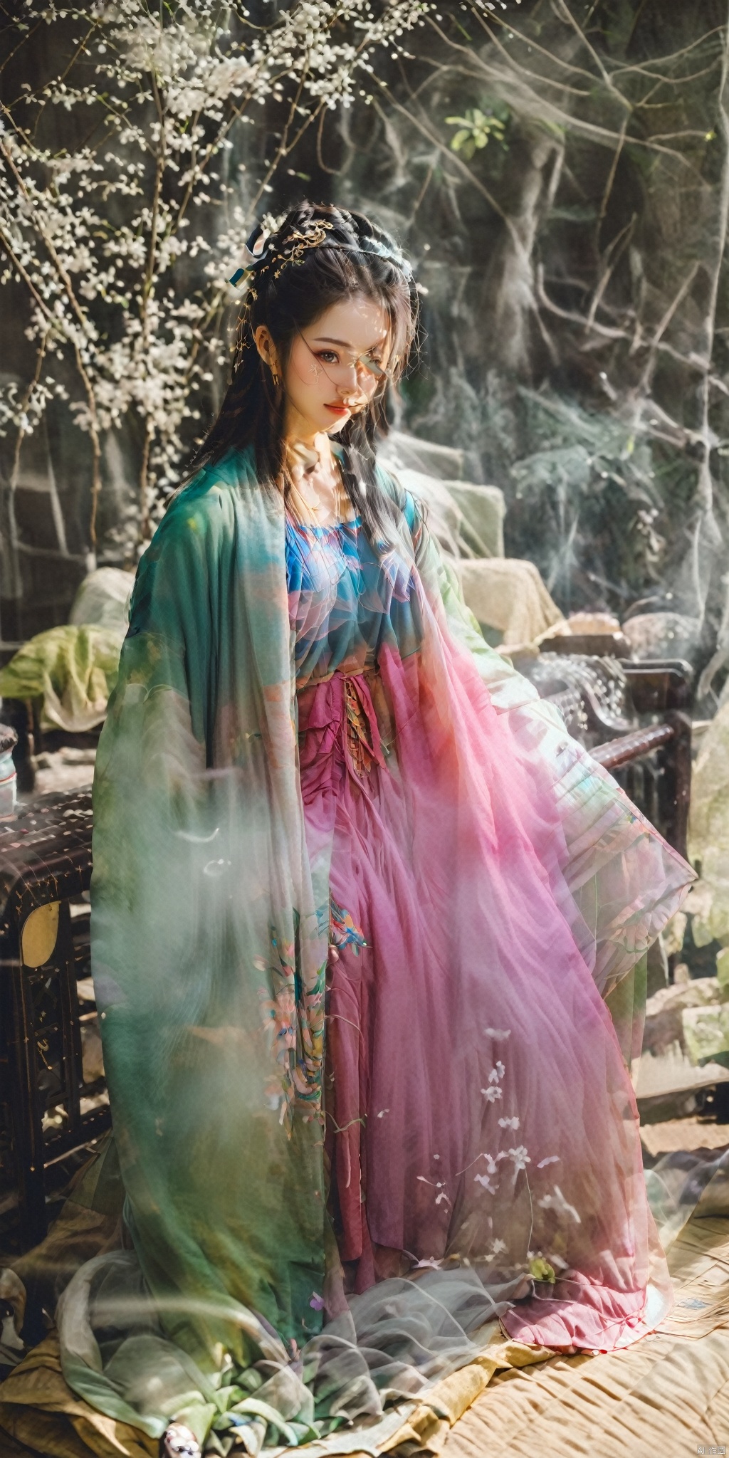  1girl, solo, long hair, black hair,Hairpins,necklace, hair ornament, dress, full body, flower, earrings, indoors, hair bun, (purple-pink-green dress),(Tube top Hanfu long skirt:1.1), pillow, bed, night, chinese clothes, table, branch,daxiushan, ,daxiushan style,(huge breasts:1.66), (full breasts:1.52), realistic,hanfu, daxiushan,Shoulders are exposed,daxiushan, arien_hanfu, FilmGirl